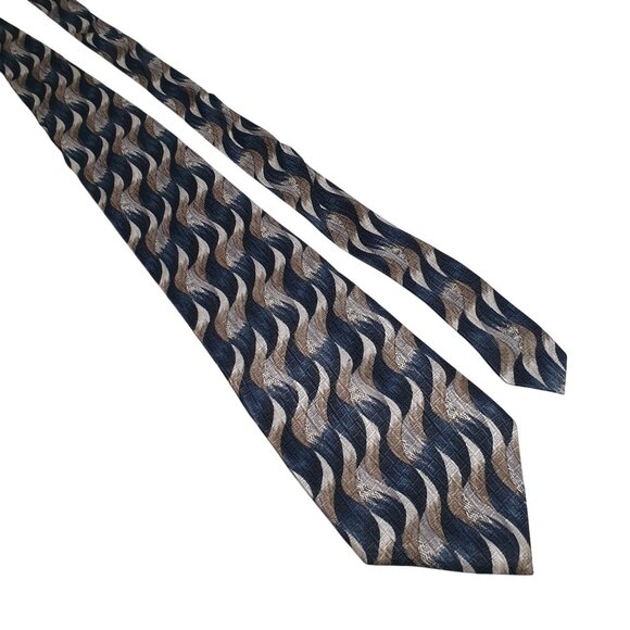 Vintage Designer Pierre Cardin Men Wavy Pattern Silk Tie Blue Silver Tan Dad - Picture 1 of 5